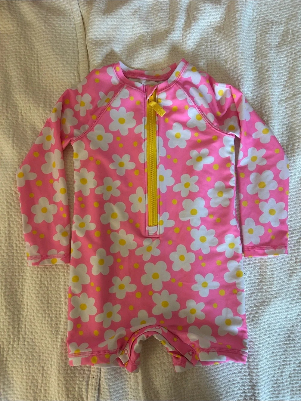 Kids Pink Floral Long-Sleeve Rash Guard Swimsuit with Yellow Zip